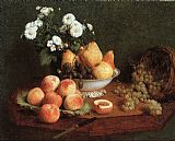 Flowers Canvas Paintings - Flowers & Fruit on a Table 1865